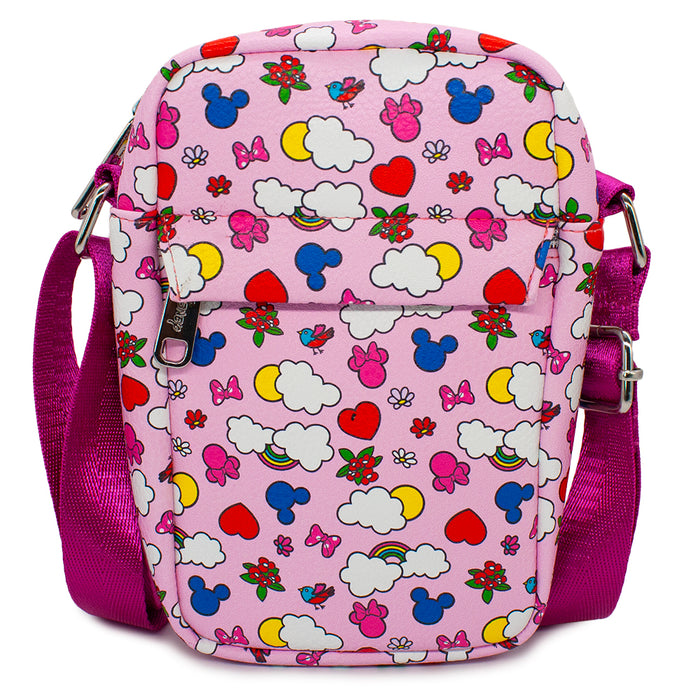 Women's Crossbody Wallet - Mickey and Minnie Rainbow and Flowers Scattered Pink Crossbody Bags Disney   
