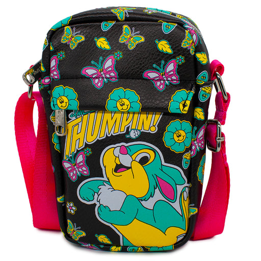 Crossbody Wallet - Bambi Thumper I'M THUMPIN Retro Pose Floral Collage Black Yellow Teal Pink Crossbody Bags Disney   