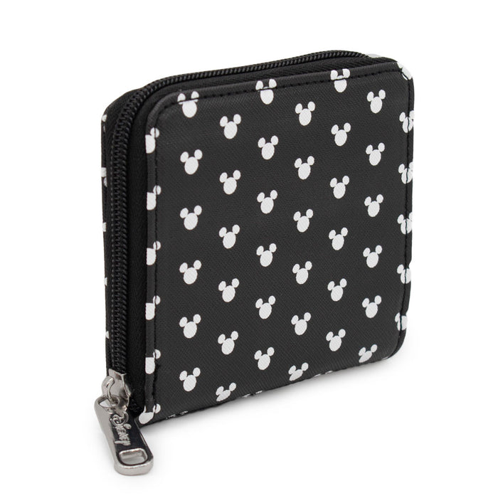 Women's Zip Around Wallet Square - Mickey Mouse Head Silhouette Monogram Black White Mini Clutch Wallets Disney   
