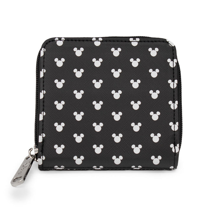 Women's Zip Around Wallet Square - Mickey Mouse Head Silhouette Monogram Black White Mini Clutch Wallets Disney   