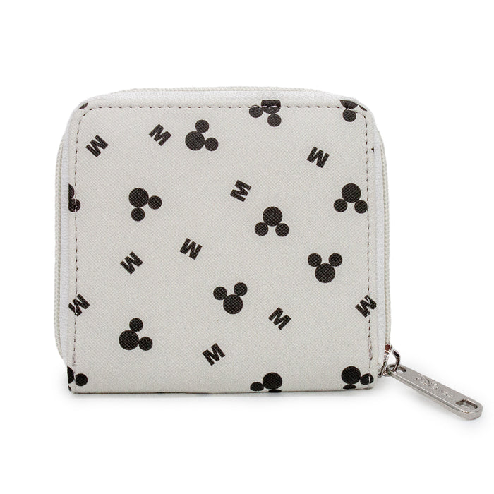 Women's Zip Around Wallet Square - Mickey Mouse Head and M Icons Scattered White Black Mini Clutch Wallets Disney   