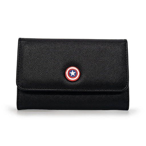Fold Over Wallet Rectangle Black Saffiano PU - Captain America Shield Metal Emblem Clutch Snap Closure Wallets Marvel Comics   