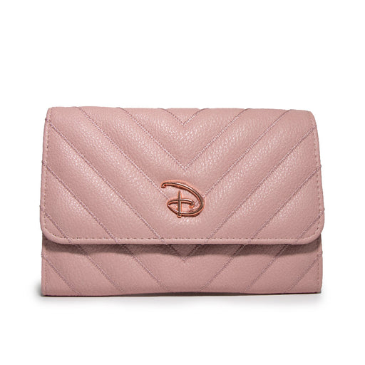 Women's Fold Over Wallet Rectangle - Chevron Stitch Pink with Disney Signature D Logo Rose Gold Pink Enamel Clutch Snap Closure Wallets Disney   