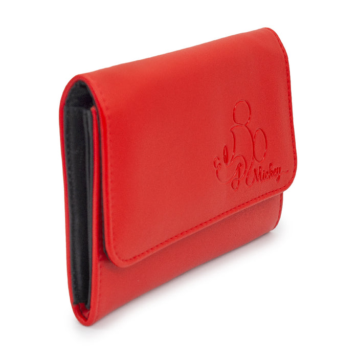 Women's Fold Over Wallet Rectangle PU - Mickey Profile and Script Single Line Debossed Red Clutch Snap Closure Wallets Disney   