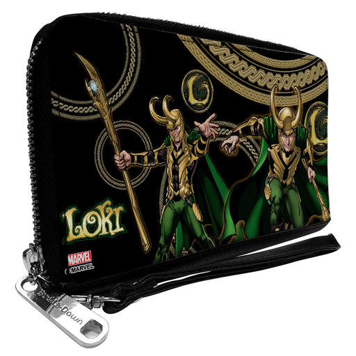PU Zip Around Wallet Rectangle - LOKI Poses Black/Gold/Green Clutch Zip Around Wallets Marvel Comics   