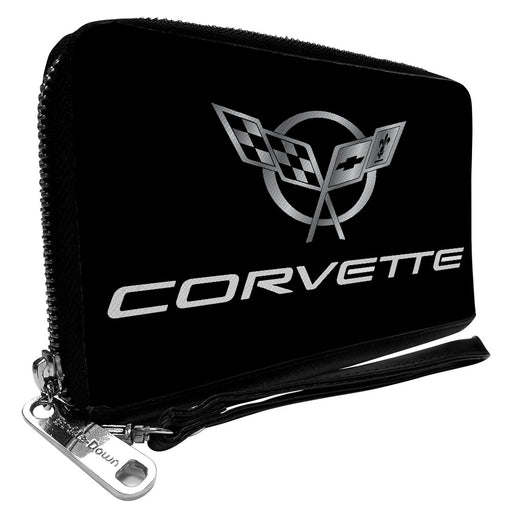 PU Zip Around Wallet Rectangle - Corvette Black/Silver Clutch Zip Around Wallets GM General Motors   