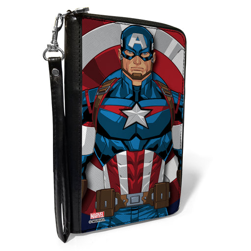 PU Zip Around Wallet Rectangle - Captain America Standing Pose/Shield + Shield CLOSE-UP Pop Art Clutch Zip Around Wallets Marvel Comics   