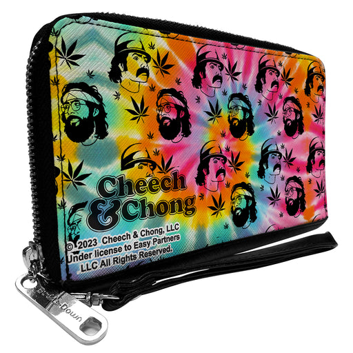 PU Zip Around Wallet Rectangle - CHEECH & CHONG Caricature Faces Pot Leaves Scattered Tie Dye Multi Color/Black Clutch Zip Around Wallets Cheech & Chong   