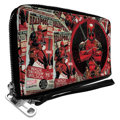 PU Zip Around Wallet Rectangle - Deadpool Arms Crossed Pose Badge/WADE VS WADE Poster Stacked Clutch Zip Around Wallets Marvel Comics   