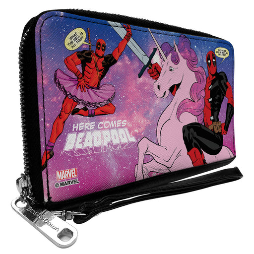 PU Zip Around Wallet Rectangle - Deadpool on Unicorn/HERE COMES DEADPOOL + Tutu Deadpool Galaxy Blues/Pinks/White Clutch Zip Around Wallets Marvel Comics   