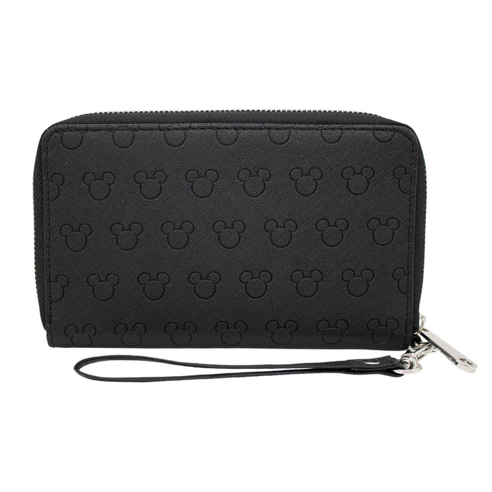 Women's PU Zip Around Wallet Rectangle - Mickey Mouse Ears Icon Outline Embossed Black PU Clutch Zip Around Wallets Disney   