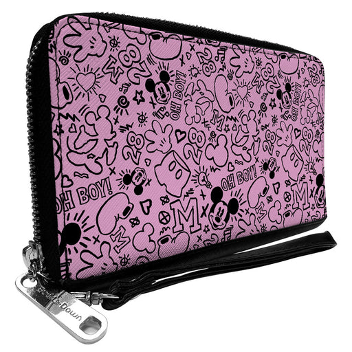 PU Zip Around Wallet Rectangle - Mickey Mouse Icon Doodles Collage Pink/Black Clutch Zip Around Wallets Disney   