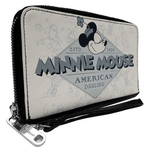 PU Zip Around Wallet Rectangle - Disney 100 Classic MINNIE MOUSE AMERICAN DARLING Pose and Sketches Grays Clutch Zip Around Wallets Disney   