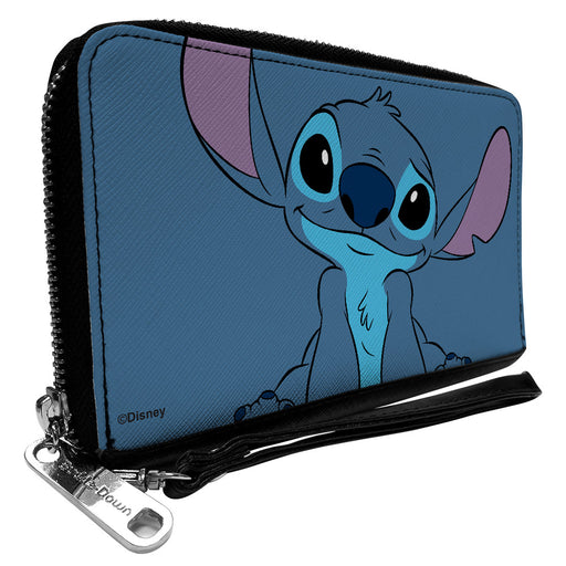 PU Zip Around Wallet Rectangle - Lilo & Stitch Stitch Sweet Smiling Pose CLOSE-UP Blues Clutch Zip Around Wallets Disney   