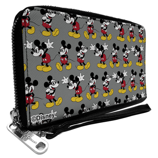 PU Zip Around Wallet Rectangle - Nerdy Mickey Mouse 3-Pose Stripe Gray Clutch Zip Around Wallets Disney   