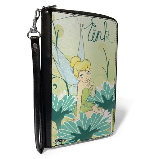 PU Zip Around Wallet Rectangle - Tinker Bell Sitting on Flower Pose Greens/Aqua Blues Clutch Zip Around Wallets Disney   