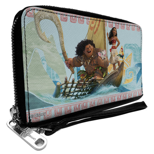 PU Zip Around Wallet Rectangle - Moana Voyage Group Pose/Tribal Icons Collage Blues Clutch Zip Around Wallets Disney   