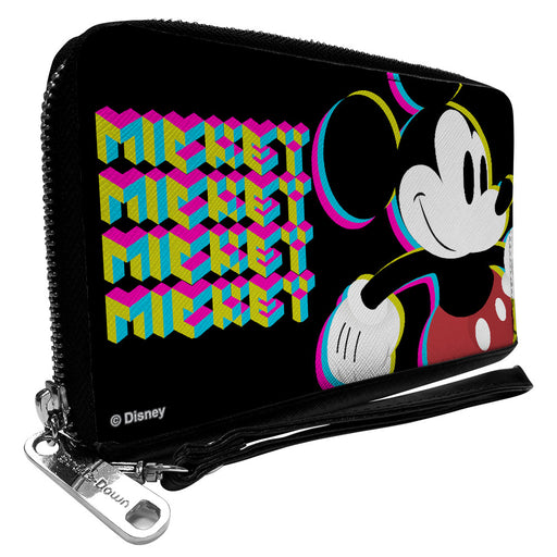 PU Zip Around Wallet Rectangle - MICKEY MOUSE Walking Pose and Pixel Text Black/Multi Neon Clutch Zip Around Wallets Disney   