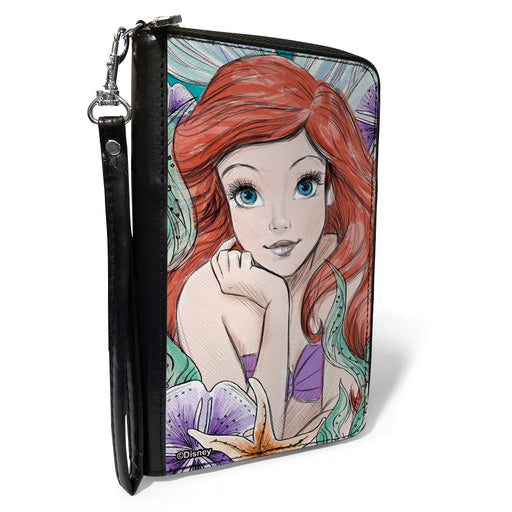 PU Zip Around Wallet Rectangle - The Little Mermaid Ariel Sketch3 Pose + King Triton's Castle/Shells/Kelp Blues/Purples Clutch Zip Around Wallets Disney   