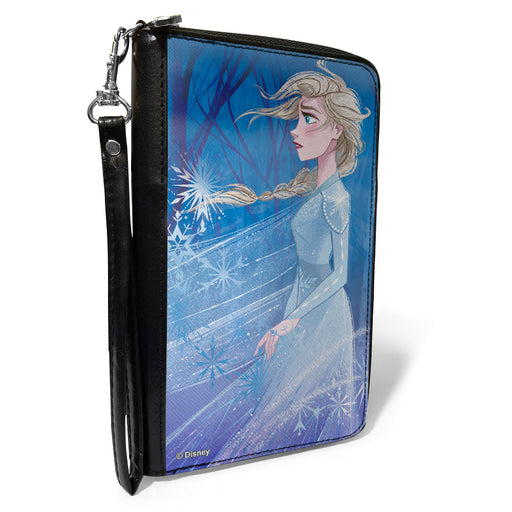 PU Zip Around Wallet Rectangle - Frozen Elsa Pose Swirling Snowflakes Blues Clutch Zip Around Wallets Disney   
