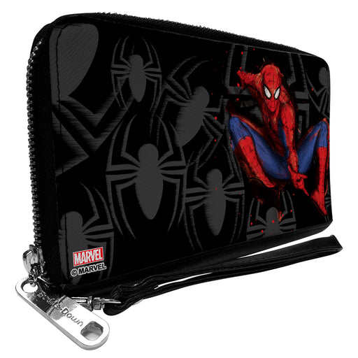 MARVEL SPIDER-MAN 

PU Zip Around Wallet Rectangle - Spider-Man Jumping Pose Sketch/Scattered Spiders Black/Gray/Red/Blue Clutch Zip Around Wallets Marvel Comics   