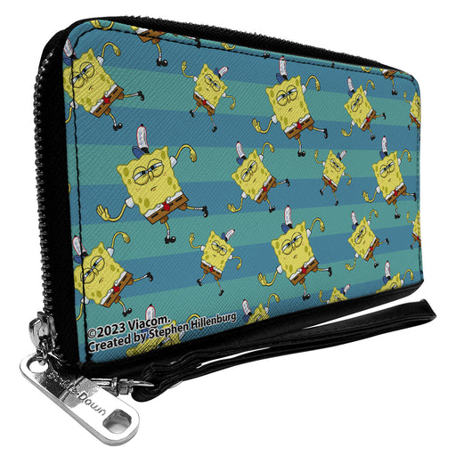 PU Zip Around Wallet Rectangle - SpongeBob Dancing Pose Scattered Stripe Teal Blues Clutch Zip Around Wallets Nickelodeon   