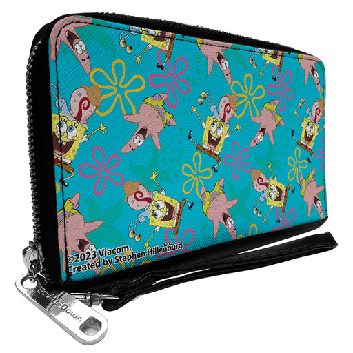 PU Zip Around Wallet Rectangle - SpongeBob Patrick and Gary Joy Poses and Flowers Scattered Blue Clutch Zip Around Wallets Nickelodeon   