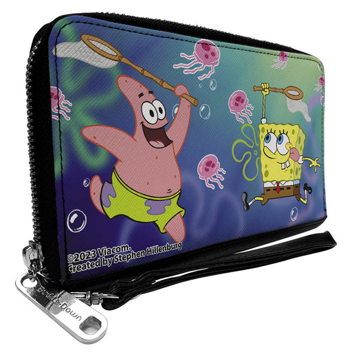 PU Zip Around Wallet Rectangle - Patrick Star & SpongeBob SquarePants Jellyfishing Catch Pose Clutch Zip Around Wallets Nickelodeon   