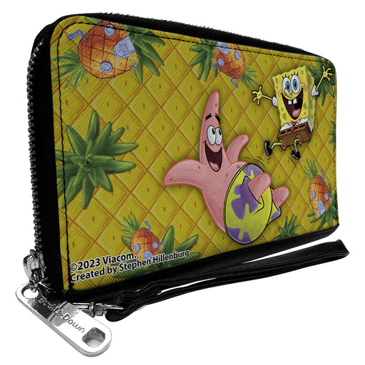 PU Zip Around Wallet Rectangle - SpongeBob SquarePants & Patrick Star Pose Pineapple Gold Clutch Zip Around Wallets Nickelodeon   