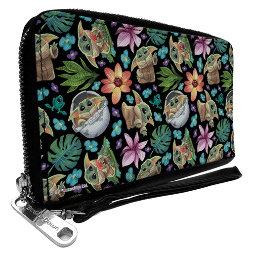 PU Zip Around Wallet Rectangle - Star Wars The Child Poses and Floral Collage Black/Multi Color Clutch Zip Around Wallets Star Wars   