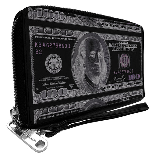 PU Zip Around Wallet Rectangle - 100 Dollar Bill X-Ray Black/White Clutch Zip Around Wallets Buckle-Down   