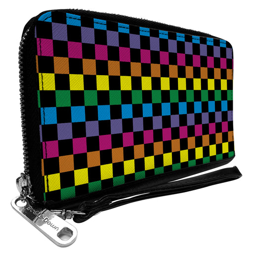 PU Zip Around Wallet Rectangle - Checker Black/Neon Rainbow Clutch Zip Around Wallets Buckle-Down   