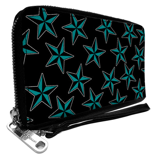 PU Zip Around Wallet Rectangle - Nautical Stars Scattered Black/Turquoise Clutch Zip Around Wallets Buckle-Down   