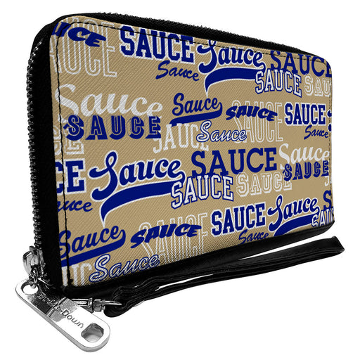 PU Zip Around Wallet Rectangle - SAUCE Typography Collage Tan/White/Blue Clutch Zip Around Wallets Buckle-Down   