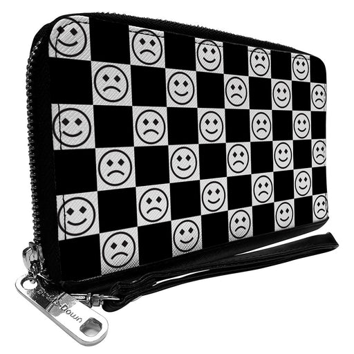 PU Zip Around Wallet Rectangle - Smiley Sad Face Checker Black/White Clutch Zip Around Wallets Buckle-Down   