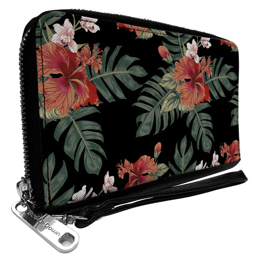 PU Zip Around Wallet Rectangle - Tropical Flora Black/Greens/Reds Clutch Zip Around Wallets Buckle-Down   
