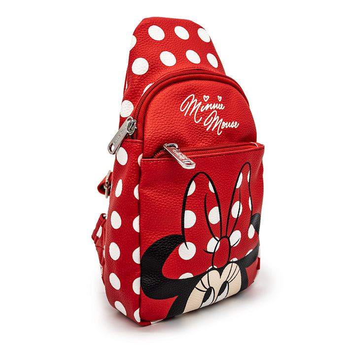 Cross Body Sling Bag  - Minnie Mouse Face Close-Up with Polka Dots Red/White Crossbody Bags Disney   
