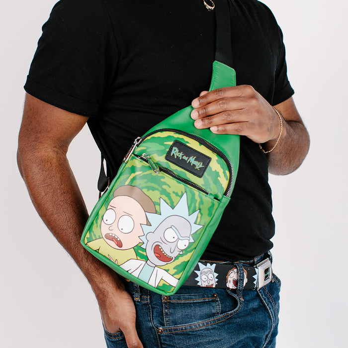 Rick and Morty Bag, Sling, Rick and Morty Get Schwifty Portal Pose Greens, Bounding, Vegan Leather Crossbody Bags Rick and Morty   