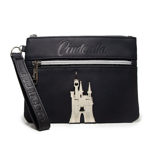 Women's Wallet Double Pocket Wristlet - Cinderella Script Debossed Black with Castle Emblem Silver Wristlets Disney   