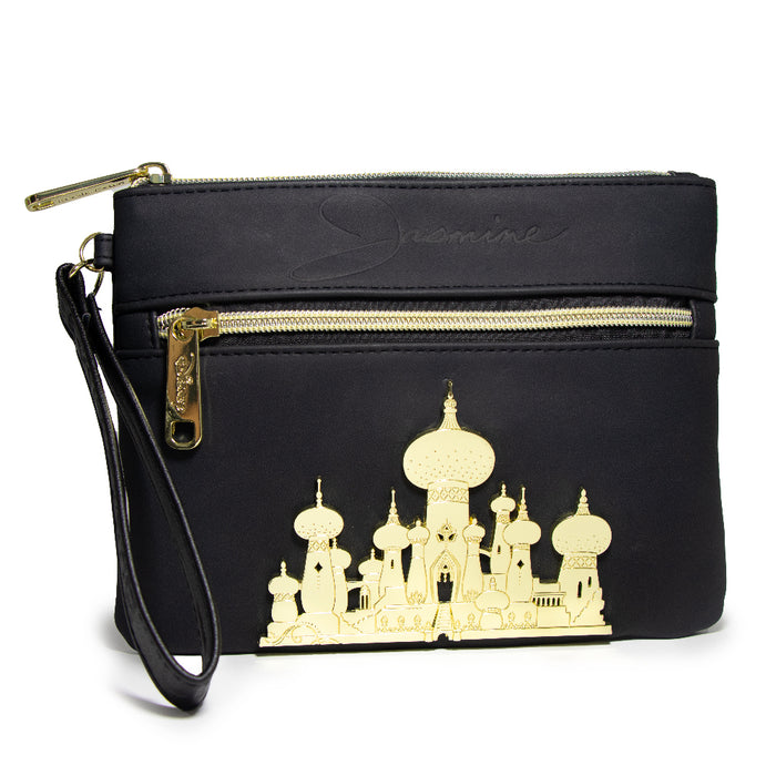 Women's Wallet Double Pocket Wristlet - Aladdin Jasmine Script Debossed Black with Castle Emblem Gold Wristlets Disney   