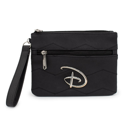 Women's Wallet Double Pocket Wristlet - Disney Signature D Silver Logo with Chevron Stitch Black Wristlets Disney   