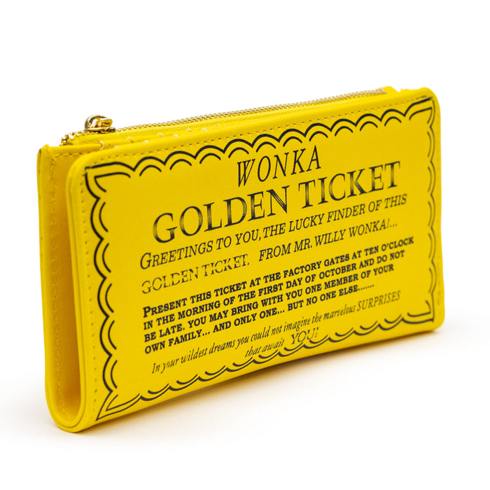 Willy Wonka Wallet, Fold Over, Snap Pouch, Chocolate Factory Golden Ticket Text, Yellow, Vegan Leather Clutch Snap Closure Wallets Warner Bros. Movies   