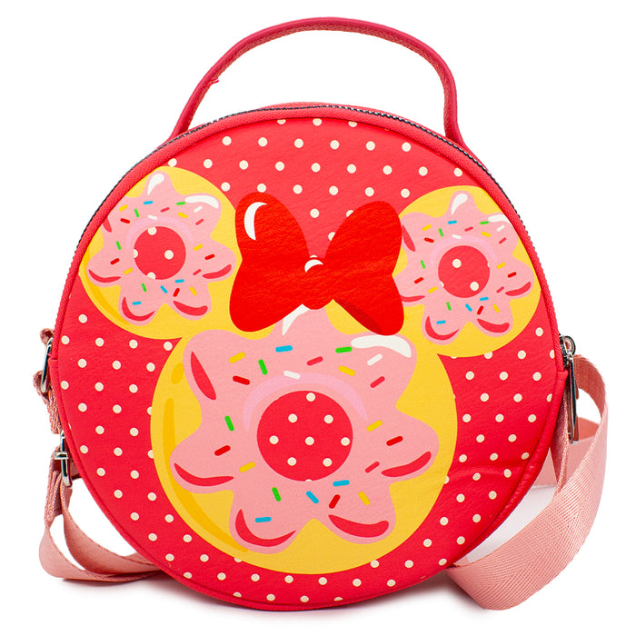 Round Crossbody Bag - Minnie Mouse Bow and Ears Donut Dessert with Polka Dot Red White Crossbody Bags Disney   