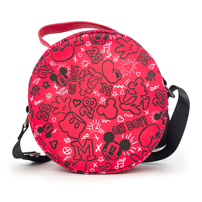 Round Crossbody Bag - Mickey Mouse Icon Doodles Collage Red Black White Crossbody Bags Disney   