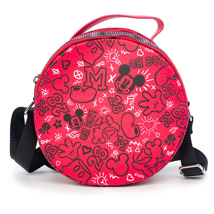 Round Crossbody Bag - Mickey Mouse Icon Doodles Collage Red Black White Crossbody Bags Disney   