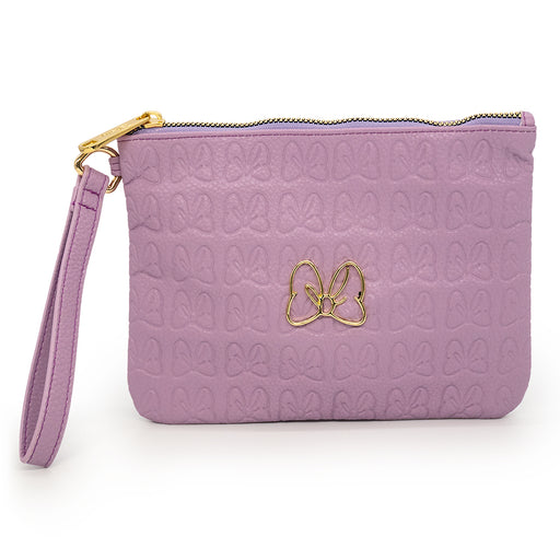 Wallet Single Pocket Wristlet - Minnie Mouse Bow Debossed Lilac PU with Metal Gold Icon Bow Wristlets Disney   