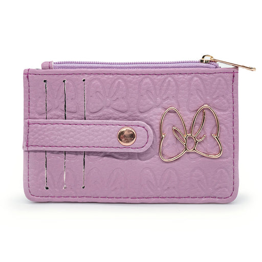 Wallet ID Card Holder - Minnie Mouse Bow Debossed Lilac PU with Metal Gold Icon Bow Mini ID Wallets Disney   