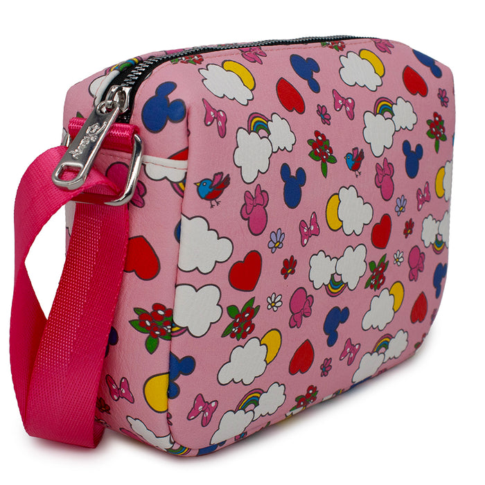 Women's Horizontal Crossbody Wallet - Mickey and Minnie Icons with Rainbow and Flowers Scattered Pink Crossbody Bags Disney   
