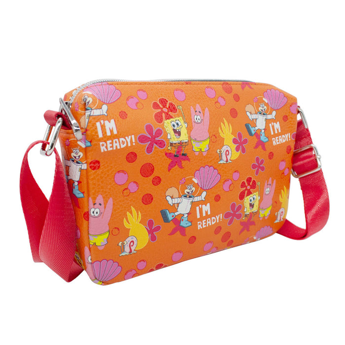 Women's Horizontal Crossbody Wallet - SpongeBob and Friends I'M READY Poses Flower and Bubbles Collage Orange Crossbody Bags Nickelodeon   