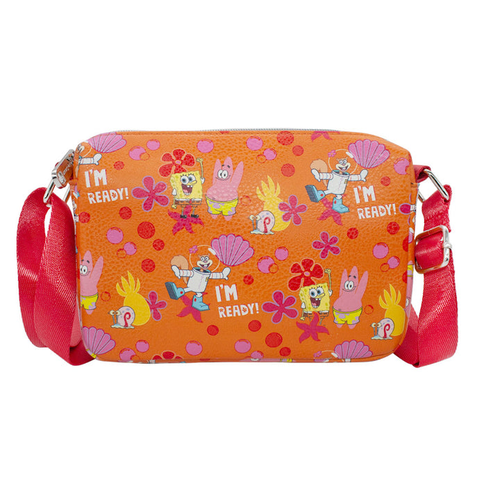 Women's Horizontal Crossbody Wallet - SpongeBob and Friends I'M READY Poses Flower and Bubbles Collage Orange Crossbody Bags Nickelodeon   